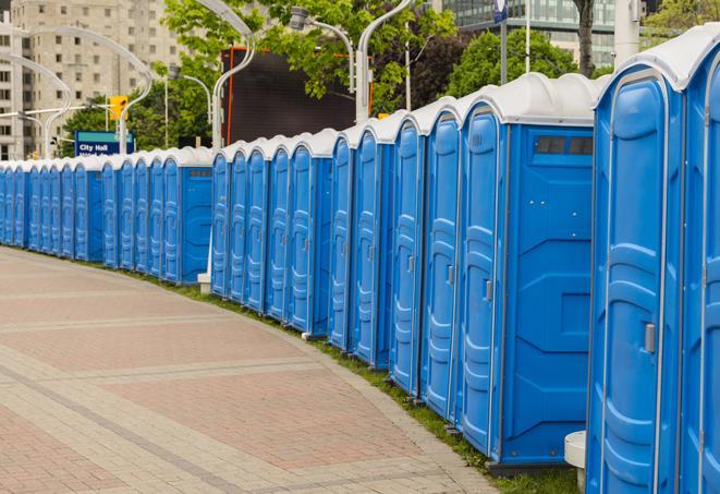 a line of portable restrooms specially designed for weddings and upscale events in Colton